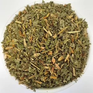 Agrimony Herb Herba Organica displayed in a ceramic bowl, showing its natural texture and earthy tones