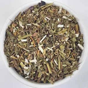 Black Horehound Herb Herba Organica in a ceramic bowl showing dried leaves and stems with earthy texture.