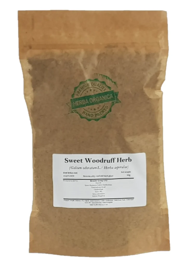 Sweet Woodruff Herb (Galium odoratum L.) Herba Organica premium dried leaves in natural packaging for teas and herbal blends