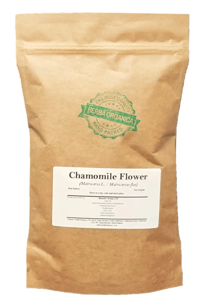 Chamomile Flower (Matricaria L) Herba Organica, dried chamomile blossoms for herbal infusions, teas, and culinary use