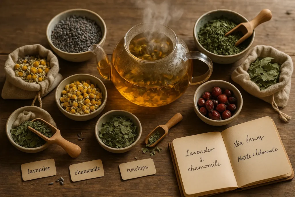 A variety of dried herbs for Herba Organica herbal tea blends displayed on a table, with a freshly brewed cup of herbal tea in the background.