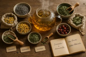 A variety of dried herbs for Herba Organica herbal tea blends displayed on a table, with a freshly brewed cup of herbal tea in the background.