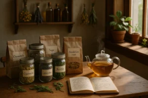 Herbal Apothecary with dried herbs, teas, tinctures, and oils from Herba Organica