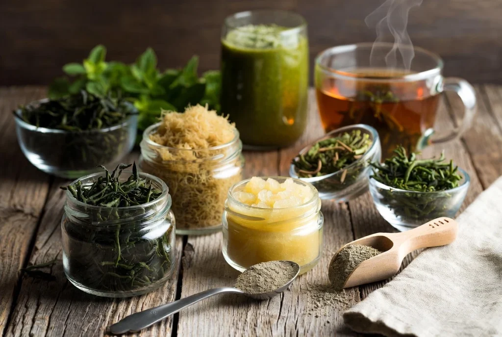 Natural Ingredients Bladderwrack, Irish Moss, and Iceland Moss arranged in glass jars and bowls with herbal tea, smoothie, and DIY gel on a rustic wooden table