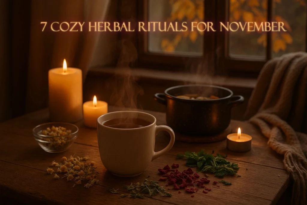 Cozy herbal rituals setup with a steaming cup of herbal tea, dried chamomile, rose petals, and mint on a wooden table, softly lit for a relaxing November evening with Herba Organica