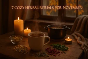 Cozy herbal rituals setup with a steaming cup of herbal tea, dried chamomile, rose petals, and mint on a wooden table, softly lit for a relaxing November evening with Herba Organica
