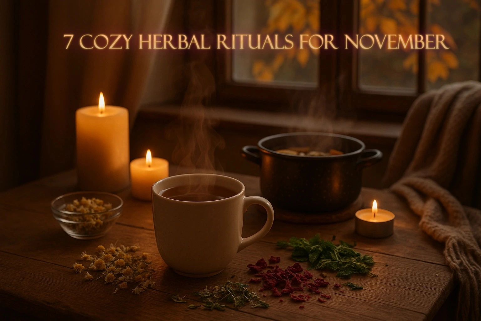 Cozy herbal rituals setup with a steaming cup of herbal tea, dried chamomile, rose petals, and mint on a wooden table, softly lit for a relaxing November evening with Herba Organica