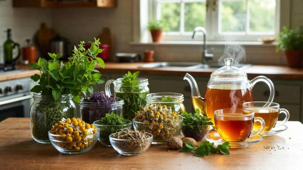 Homemade herbal teas for better digestion: organic chamomile flowers, peppermint leaves, St. John's wort and steaming herbal infusion in glass teapot