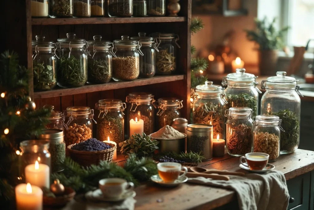 Organised Christmas Eve Herbal Pantry with jars of dried herbs, leaves, flowers, seeds, and powders, softly lit in a festive kitchen by Herba Organica