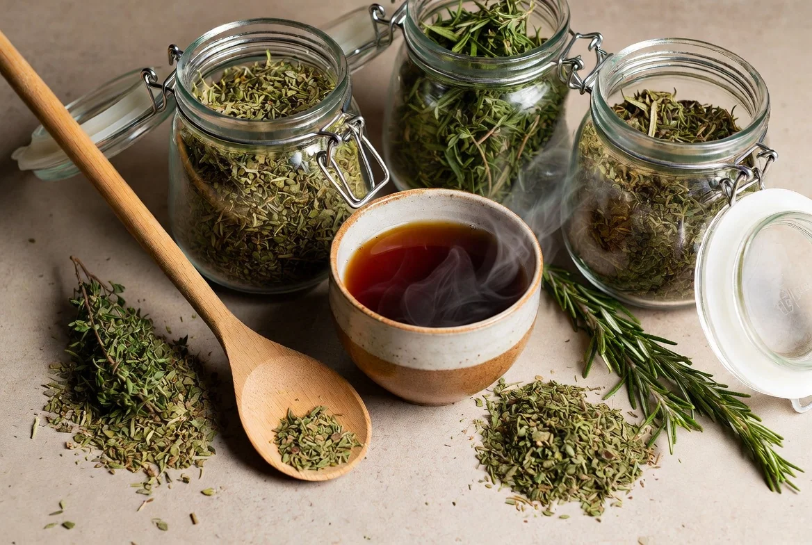 Flat-lay of dried herbs jars and loose-leaf teas for Herbal Rebalance with Herba Organica on a clean kitchen countertop