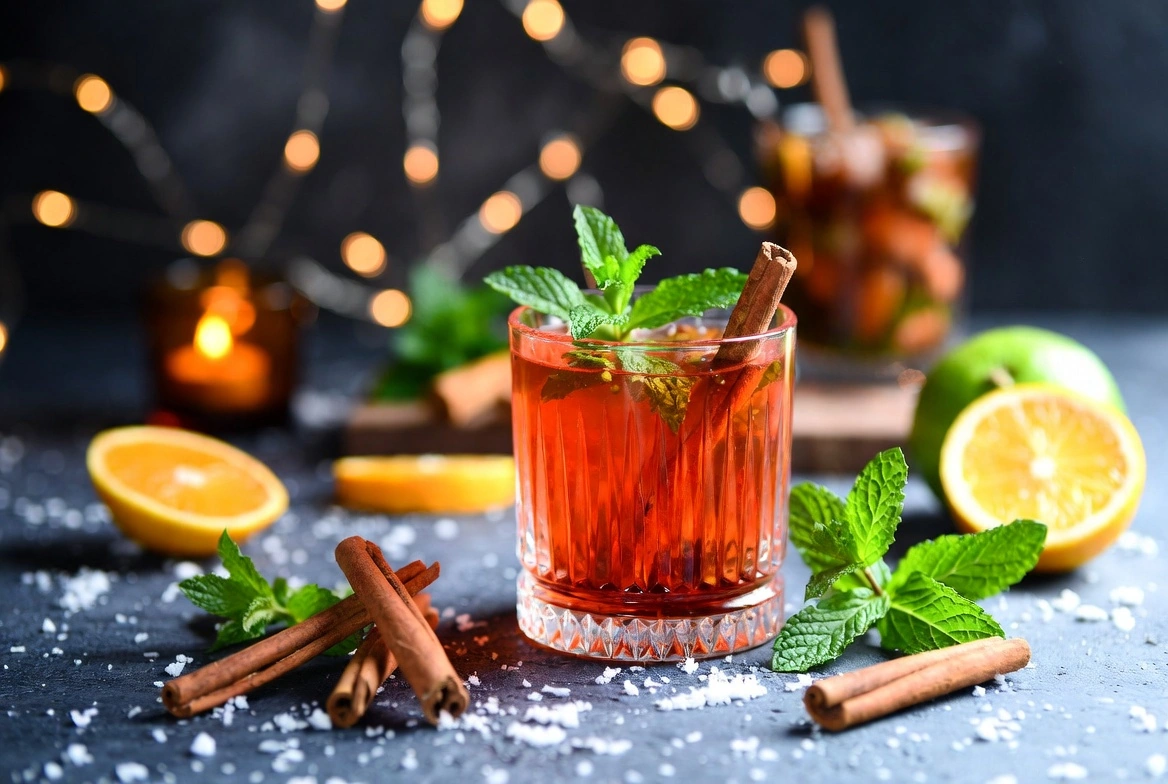 Vibrant herbal mocktails ingredients by Herba Organica including hibiscus flowers, peppermint leaves, lavender, rose petals, and lemon balm arranged on a summer table with fresh fruit and ice cubes, bright and colorful."