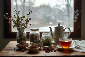 Herbs for winter energy including Siberian ginseng, peppermint, linden flower, rosehip peel, and elderberry arranged with a cup of steaming tea.