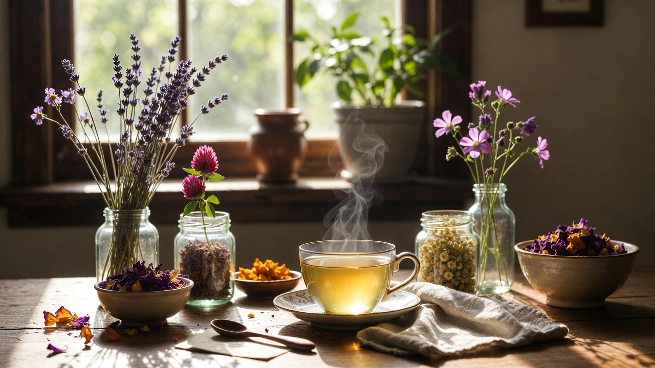 Herba Organica premium dried flowers for tea and cooking including rose petals, lavender, chamomile and calendula on a wooden table with herbal tea.