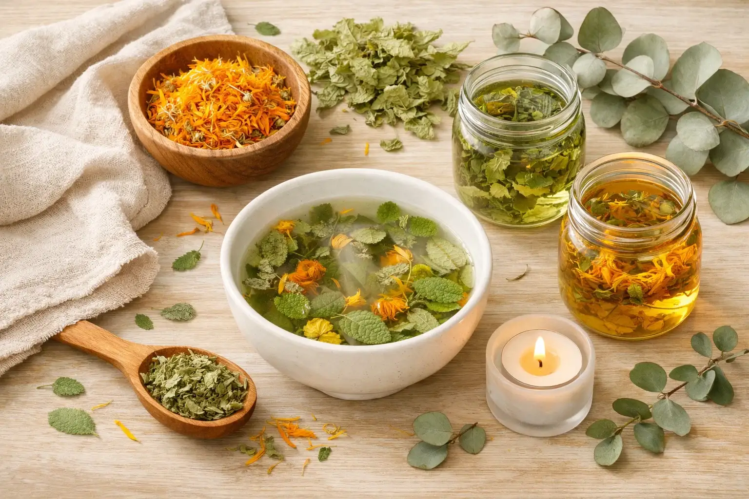 Herbal Beauty Secrets flat-lay with Calendula petals, Lemon Balm leaves, Eucalyptus, glass jars, and wooden spoons for natural skincare by Herba Organica