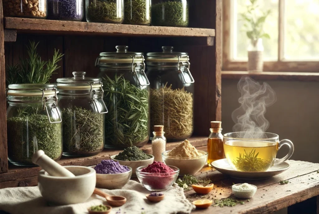 Glass jars and bowls filled with dried herbs from a Herba Organica herbal pantry, including chamomile, lavender, rose petals & hips, peppermint, nettle, calendula, and lemon verbena, arranged on a wooden shelf with herbal powders, a mortar and pestle, and a steaming cup of herbal tea.