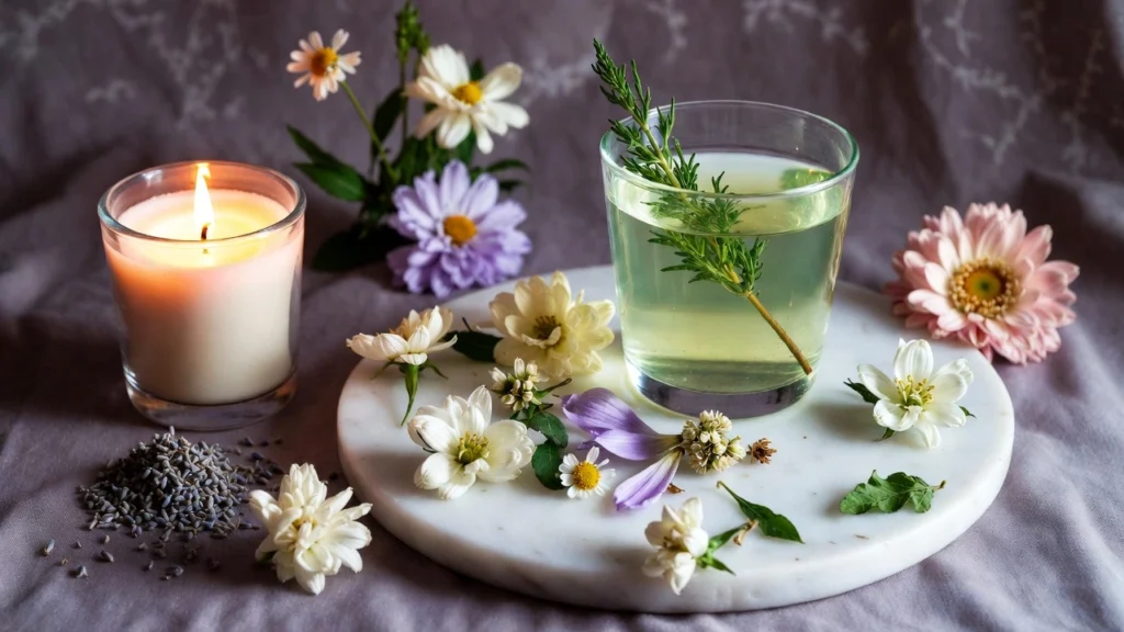 Fresh roses, hibiscus, lavender, chamomile, and calendula arranged with a herbal mocktail and candles for a Herbal Valentines blog cover.