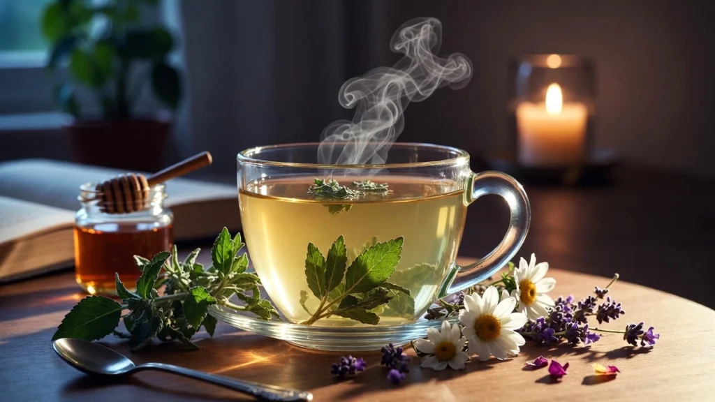 Photorealistic cup of lemon balm tea with dried lemon balm, jasmine, chamomile, lavender, and rose petals, relaxing evening scene by Herba Organica.