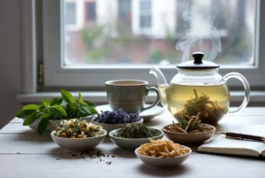 Mindfulness herbs by Herba Organica arranged on a wooden table with herbal tea, notebook, and soft winter light creating a calm ritual scene