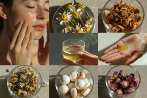 Winter herbal skincare scene with dried chamomile, calendula, marshmallow root and rose petals beside a person gently applying herbal toner to the face, Herba Organica