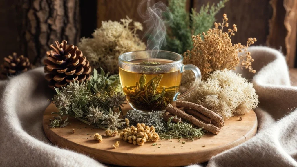 A rustic flat lay of dried winter herbs including mugwort, yarrow, marshmallow root, lycopodium, and Iceland moss with a steaming cup of herbal tea, representing natural winter wellness by Herba Organica.