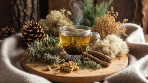 A rustic flat lay of dried winter herbs including mugwort, yarrow, marshmallow root, lycopodium, and Iceland moss with a steaming cup of herbal tea, representing natural winter wellness by Herba Organica.