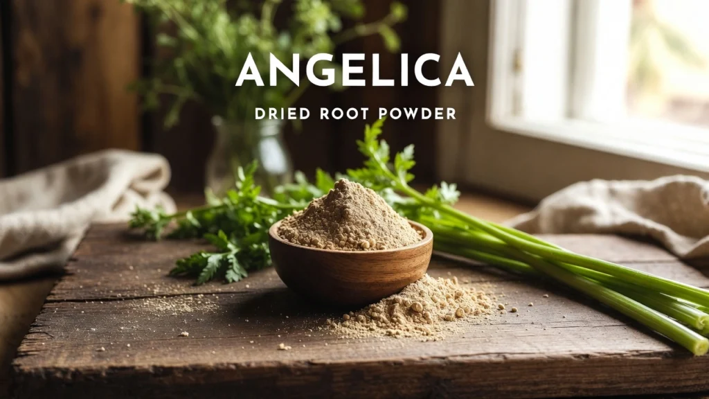 Angelica Dried Root Powder in a wooden bowl with fresh Angelica stalks and leaves, styled in a cozy kitchen for Herba Organica blog.