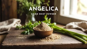Angelica Dried Root Powder in a wooden bowl with fresh Angelica stalks and leaves, styled in a cozy kitchen for Herba Organica blog.