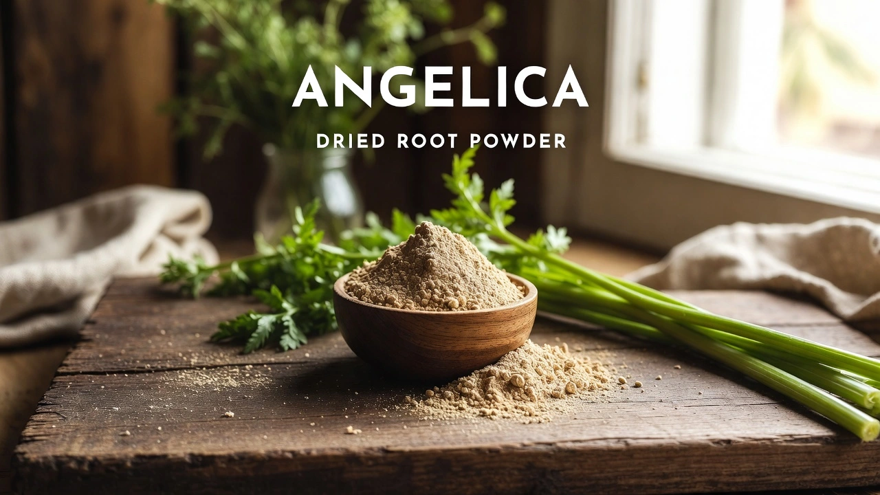 Angelica Dried Root Powder in a wooden bowl with fresh Angelica stalks and leaves, styled in a cozy kitchen for Herba Organica blog.