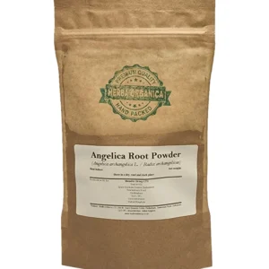 Angelica Root Powder in a resealable Herba Organica branded bag, finely ground herbal powder