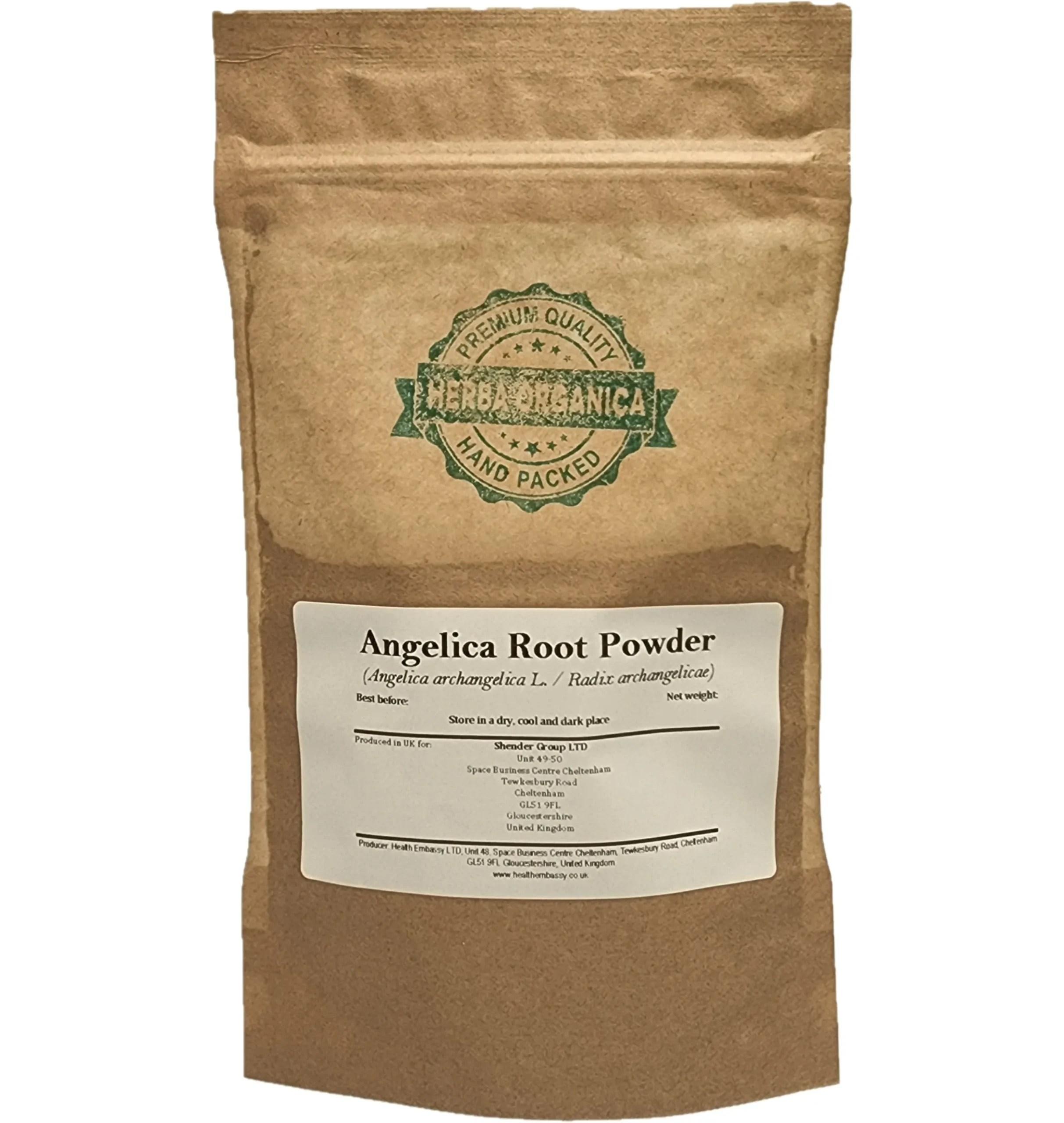 Angelica Root Powder in a resealable Herba Organica branded bag, finely ground herbal powder