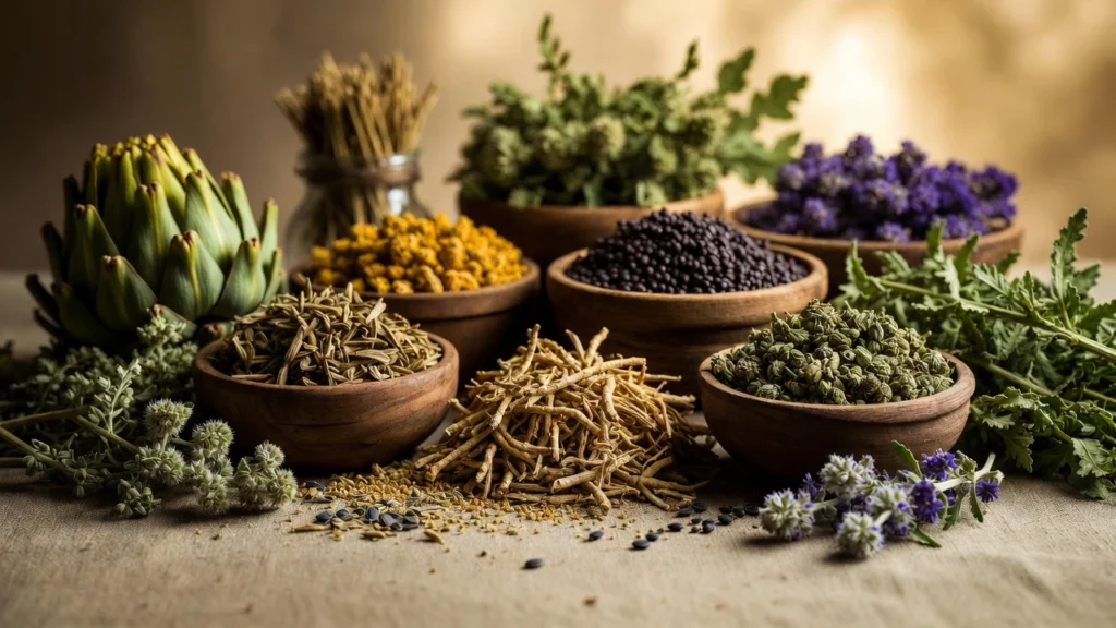 Flat-lay of assorted dried bitter herbs including roots, leaves, and seeds arranged on a rustic surface for Herba Organica