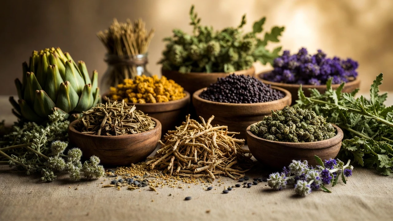 Flat-lay of assorted dried bitter herbs including roots, leaves, and seeds arranged on a rustic surface for Herba Organica