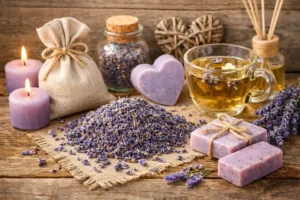 A rustic wooden table with a pile of dried lavender flowers, cut buds scattered around, and a linen sachet, styled naturally – Herba Organica.