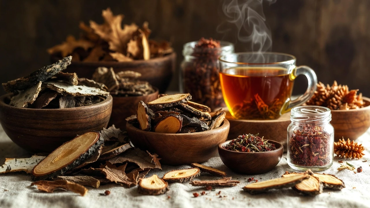 A rustic, cozy table scene with dried and cut Herbal Barks from Herba Organica — Birch, Lapacho, White Willow, Horse Chestnut, and Cat’s Claw — alongside steaming tea, tinctures, and loose herbs.