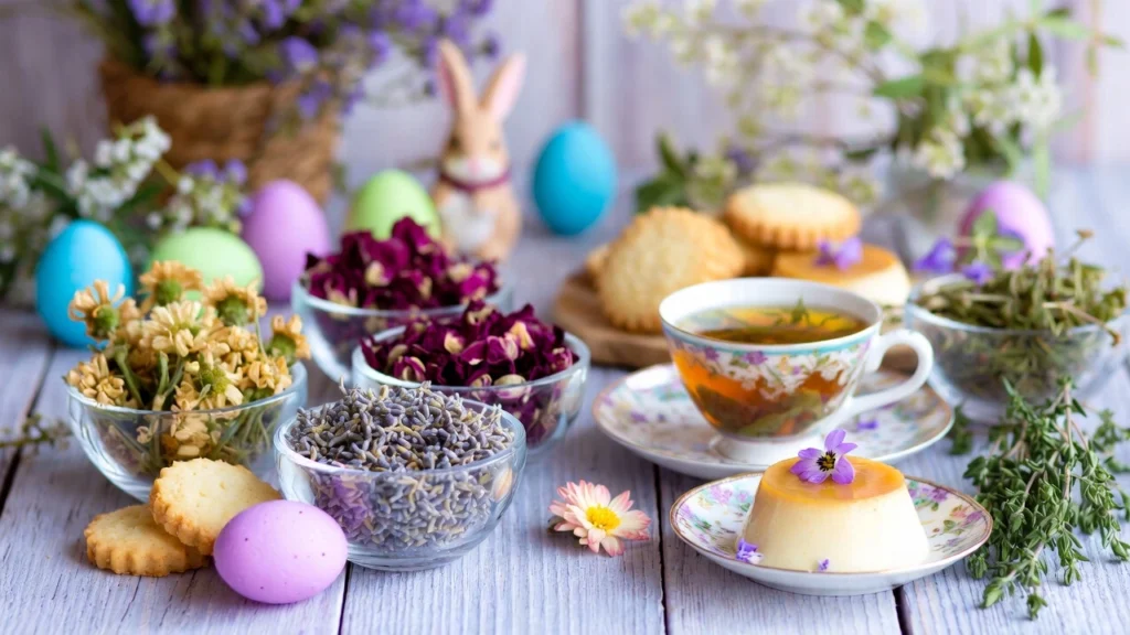 Rustic Easter table with chamomile, lavender, rose petals, hibiscus, and thyme, perfect for Herbal Easter Recipes by Herba Organica
