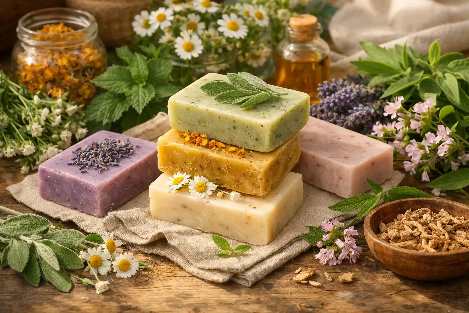 Handmade herbal soaps surrounded by chamomile, calendula, lavender, sage, lemon verbena, nettle, and soapwort β natural skincare with Herba Organica herbal soap recipes