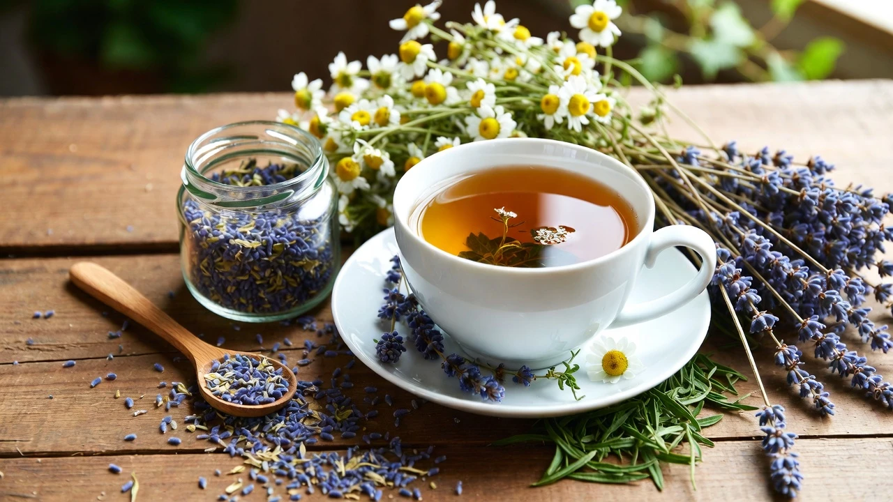 Top-down view of a steaming cup of Herba Organica Spring Tea with dried herbs like chamomile, lemon balm, peppermint, and rose petals on a light wooden table.